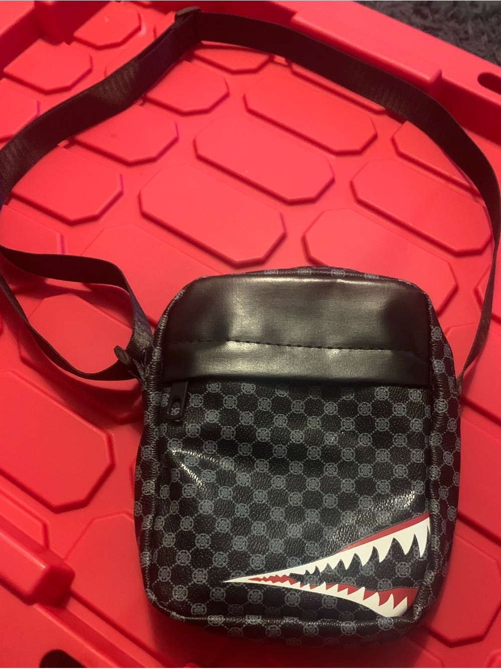 Black Patterned Crossbody Bag with Shark Tooth Graphic #crossbody #unisex backpk